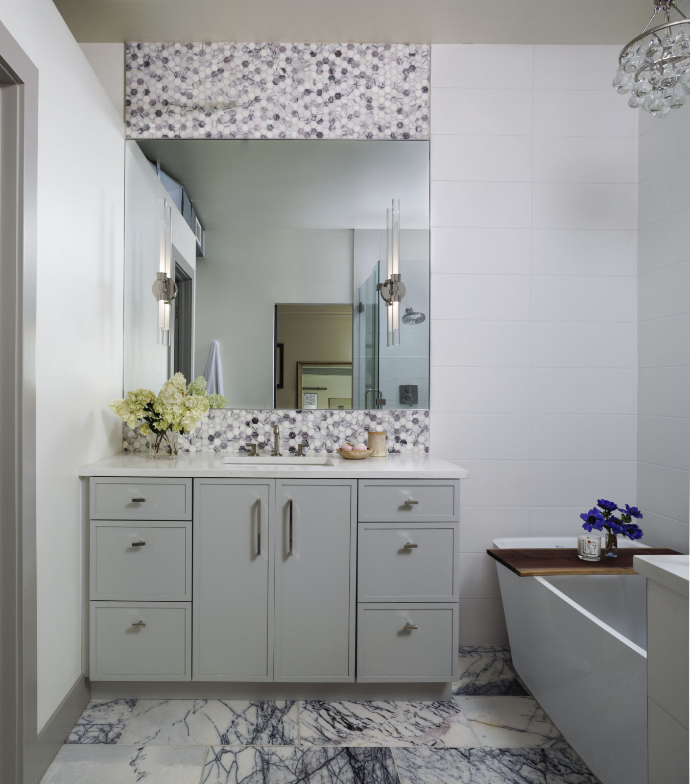 Golden Triangle Hi-Rise primary bath vanity with marble floor and mosaic backsplash — company kd