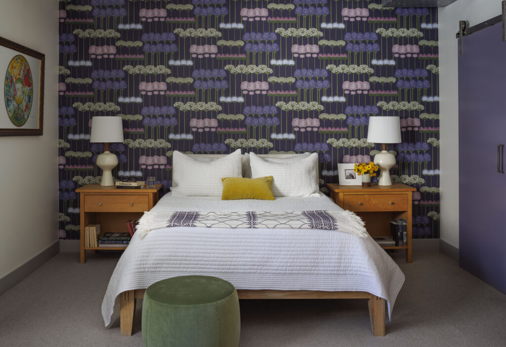Golden Triangle Hi-Rise primary bedroom with Cole & Son floral wallpaper feature wall — company kd